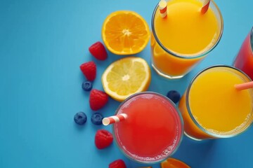 Assorted fresh juices with citrus and berries on a blue background, symbolizing healthy and refreshing drink options.