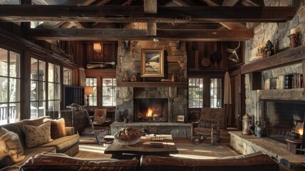 Rustic style living room with lots of robust wooden furniture. Interior. Generative AI