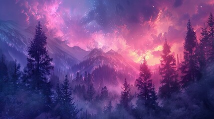 A photo of a mystical forest with bioluminescent trees, a twilight sky with auroras and ethereal mists in the background