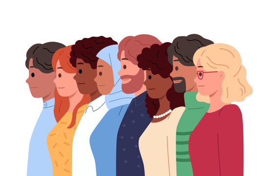 Multinational people stand in row demonstrating unity and willingness to stand together against racial discrimination. Multinational men and women form intercultural community based on equality