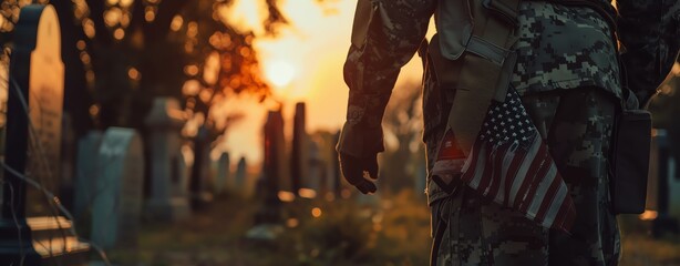 A close up of an American soldier holding the flag in his hand, standing at sunrise near tombstones and graves in a military cemetery with a World War I theme. The American flag with a vintage style a