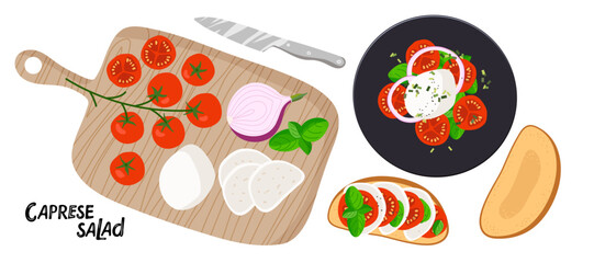 Caprese Salad. Cooking dish with Tomato, Mozzarella, Basil, onion Salad. Slicing ingredients on cutting board. Dish on Plate, top view. Design for menu cafe, cooking class, recipe, cookbook.