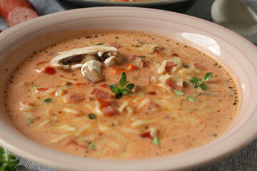 Hearty Pizza Soup with Cabanossi and Ground Beef