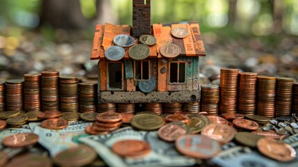 Small house atop a stack of money, symbolizing the concept of mortgage, credit, and financial stability