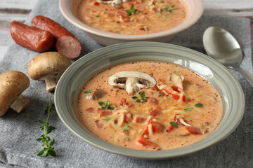 Hearty Pizza Soup with Cabanossi and Ground Beef
