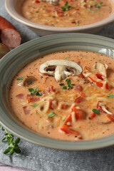 Hearty Pizza Soup with Cabanossi and Ground Beef