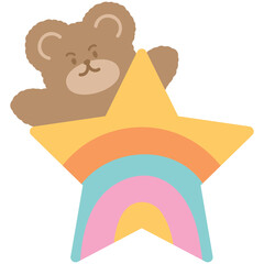 Illustration of teddy bear with rainbow star for pride month, animal print, pet shop, icon, love sign, cartoon, character, comic, mascot, plush toy, doll, cute patches, kids, zoo, sticker, tattoo