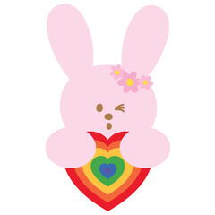 Illustration of bunny with rainbow heart for pride month, animal print, pet, vet, pet shop, logo, icon, love sign, cartoon, character, comic, mascot, plush toy, doll, cute patches, kids, zoo, easter