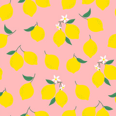 Lemon fruit seamless pattern illustration in vintage flat cartoon style. Natural tree branch background with flowers. Citrus food concept, organic juicy fruits backdrop.