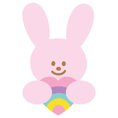 Illustration of bunny with rainbow heart for pride month, animal print, pet, vet, pet shop, logo, icon, love sign, cartoon, character, comic, mascot, plush toy, doll, cute patches, kids, zoo, easter