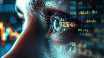 Close-up of a woman's eye focused on a computer screen displaying financial trading or investment data