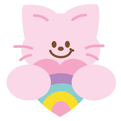 Illustration of cat with rainbow heart for pride month, animal print, pet, vet, pet shop, adopt, rescue, logo, icon, paw friend, cartoon, character, comic, mascot, plush toy, doll, cute patches, kids