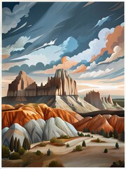 Illustration of a breathtaking national park landscape featuring towering mountains, lush forests, and dynamic skies at sunset