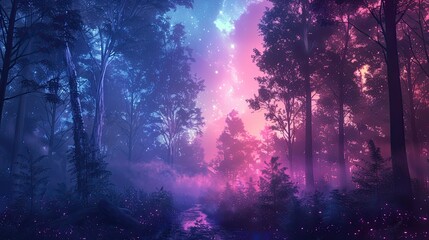 A photo of a mystical forest with bioluminescent trees, a twilight sky with auroras and ethereal mists in the background