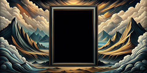 Artistic depiction of a surreal mountain landscape, featuring stylized clouds, peaks, and a forest, framed by a classic ornate rectangle