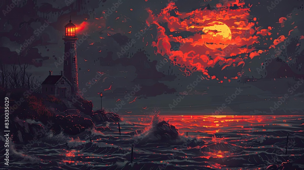 Wall mural a mesmerizing digital painting depicting a lighthouse by the sea with a glowing red moon illuminatin - Wall murals