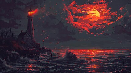 A mesmerizing digital painting depicting a lighthouse by the sea with a glowing red moon illuminating the dark, stormy waters at night.