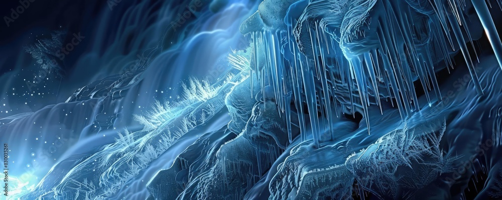 Poster abstract digital art featuring intricate blue patterns and light effects, creating a mesmerizing and