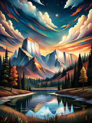 National park with nature mountains and forest, landscape for travel outdoor. Digital artwork of a serene national park with towering mountains, a dense forest, and a tranquil lake under a dusk sky