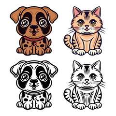 Cat and dog cartoon characters set of vector illustrations in two styles, monochrome and colored