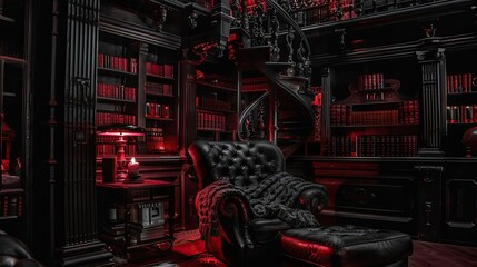 Obraz premium Vintage dark library with gothic decor, illuminated by red light. Includes leather chair, bookshelves, and spiral staircase. Moody and mysterious.
