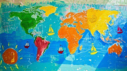 Brightly painted world map with kids' drawings, unity, copy space, global theme, dynamic, fusion, classroom wall
