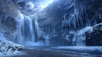 Stunning frozen waterfall scene with icicles, snow-covered rocks, and moonlight illuminating an otherworldly winter landscape in a rocky canyon.