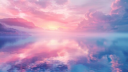 A photo of a serene lakeside with mirror-like water, a dawn sky with pastel hues and morning fog in the background