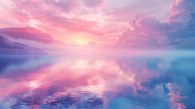 A photo of a serene lakeside with mirror-like water, a dawn sky with pastel hues and morning fog in the background