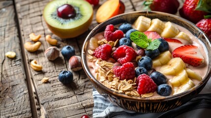 Smoothie bowl with fruits and nuts, vibrant and colorful, healthy breakfast option, nutritious and delicious, fresh ingredients, wooden background, copy space.