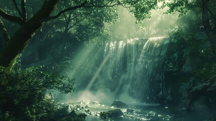 a serene waterfall deep in a lush forest