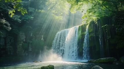 a serene waterfall deep in a lush forest