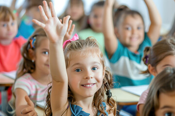 Fototapeta premium Group of pupils at school with their hands raised and the classroom in the background. Back to school. Children students raising their hands at lesson and having fun in class to answer the question.
