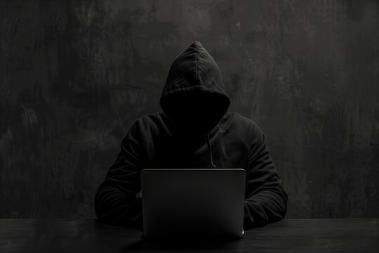 Hacker with a laptop in a desk, his face cannot be seen, dark environment, internet security concept. Copy space