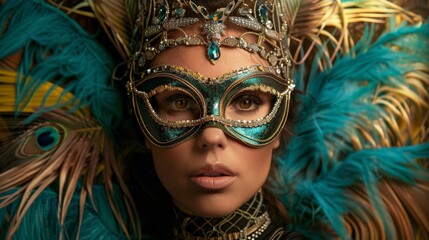 A woman wearing a Venetian carnival mask with green and blue feathers.