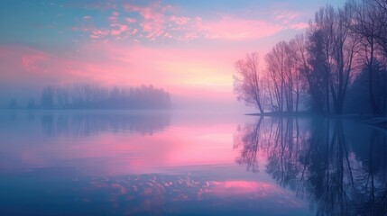 A photo of a serene lakeside with mirror-like water, a dawn sky with pastel hues and morning fog in the background