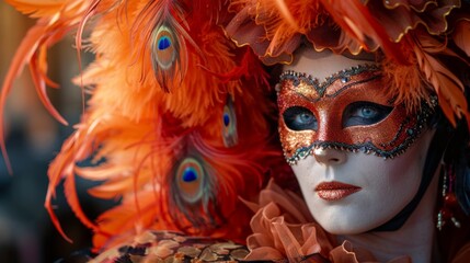 Portrait of a beautiful woman in a Venetian mask with orange feathers