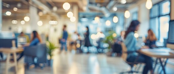 Blurred background image of a modern office space with people working at desks and in the foreground.