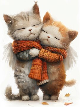 A pair of very adorable unicon standing side by side, their wings tucked in, wearing winter scarf, displaying a heartwarming bond of cuteness, on white background
