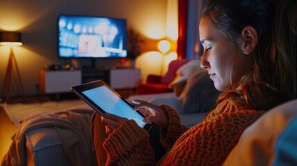 Young woman streaming video on a tablet, relaxed and entertained, modern lifestyle, home setting, comfortable and casual, digital technology, copy space.