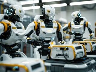 Fototapeta premium Group of robots performing tasks in a high-tech environment, advanced AI, automation and efficiency, futuristic technology, innovative design, clean and bright, copy space.