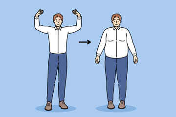 Slim man proud of getting rid of obesity and excess weight thanks to lifestyle transformation, showing biceps. Guy gained weight and got fat due to disease of obesity or eating disorder or bad habits