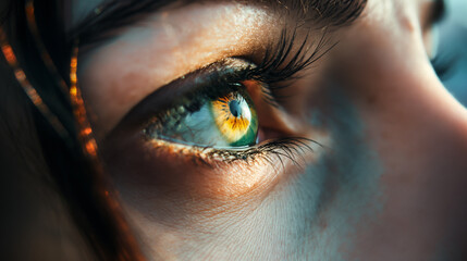 Vivid Macro Shot of a Human Eye with Striking Sunlit Iris Details. Generative AI