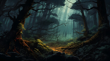 Fototapeta premium Digital mythology comic dark forest graphics poster background
