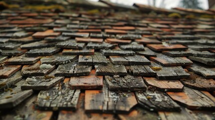 Mossy, old tiles on an old house. Generative AI