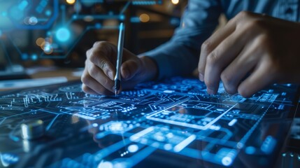 Fototapeta premium Engineer Designs Circuit Board with Computer-Aided Software