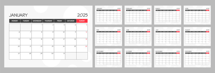 Monthly calendar red planner template schedule for 2025 year. Week Starts on Monday