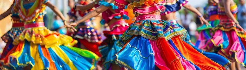 Naklejka premium Traditional dance performance, vibrant costumes, cultural celebration, lively festival, community event, colorful and energetic, cultural heritage, copy space.