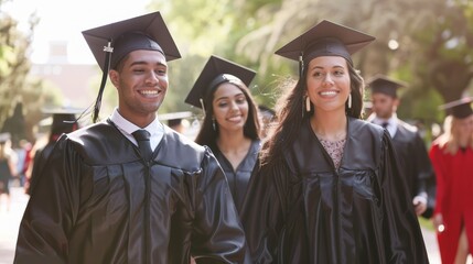 Graduates walking together, caps and gowns, university campus, academic achievement, proud and joyful, celebratory moment, bright and sunny, copy space.