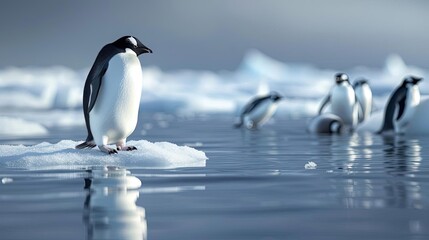 Fototapeta premium Penguins standing on ice floes in an icy landscape, showcasing their natural habitat in the cold Arctic waters.
